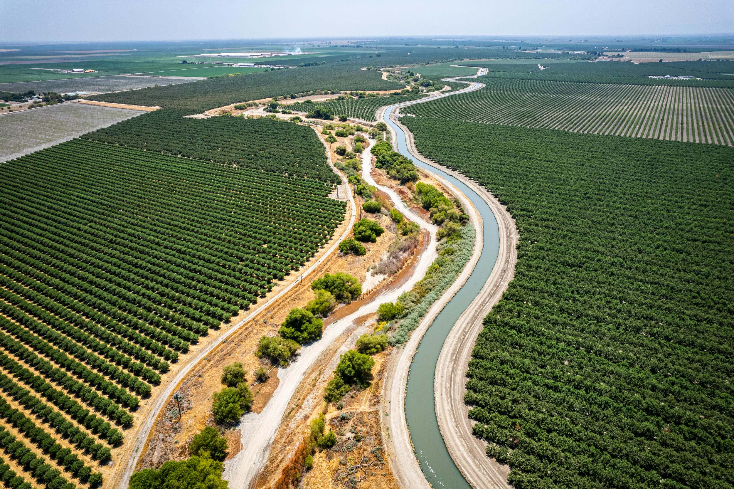 Aerial view of irrigation canal winding through rows of agricultural crops in a field.