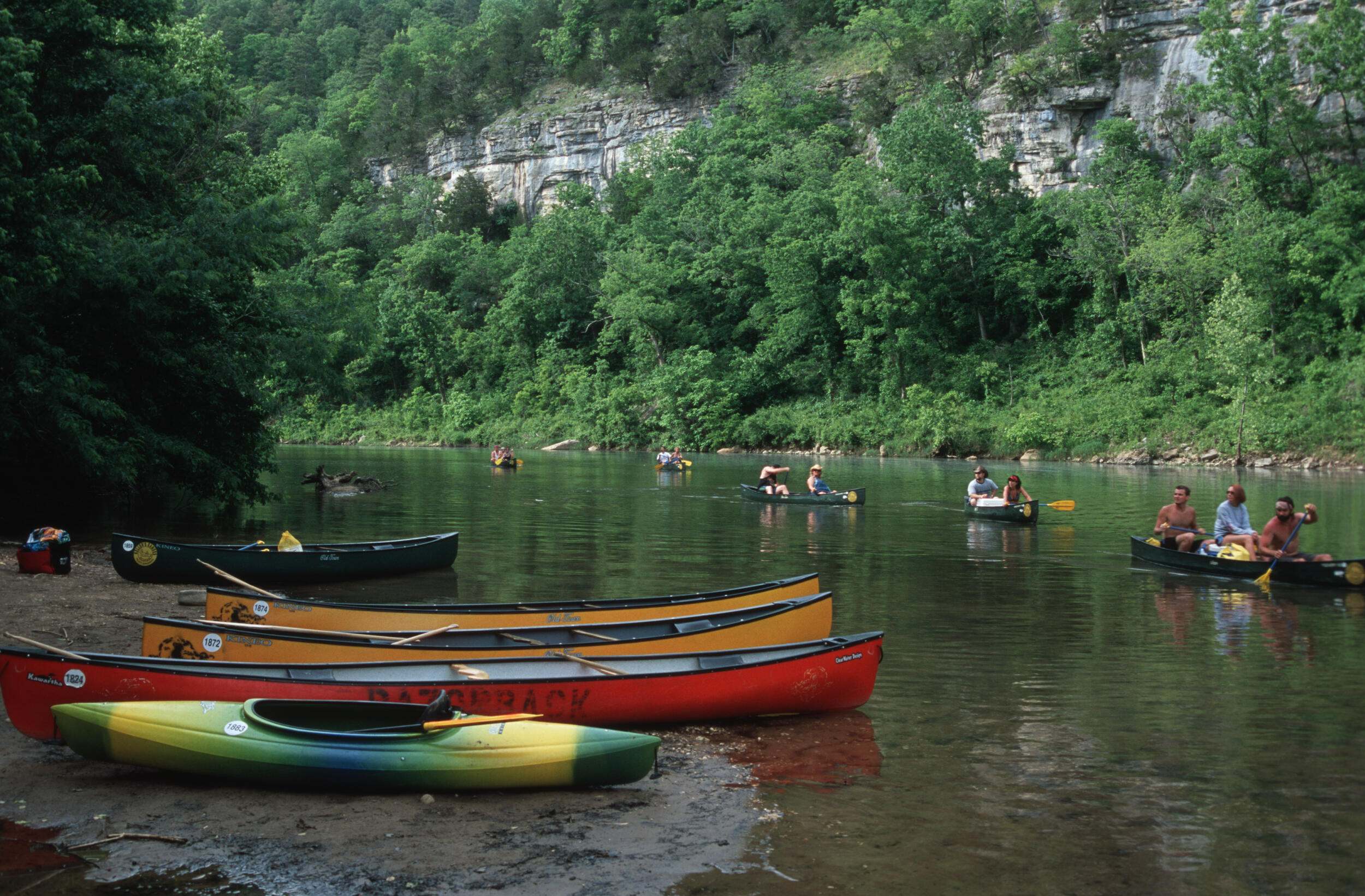 Canoeists on a river lined by trees and a cliff.